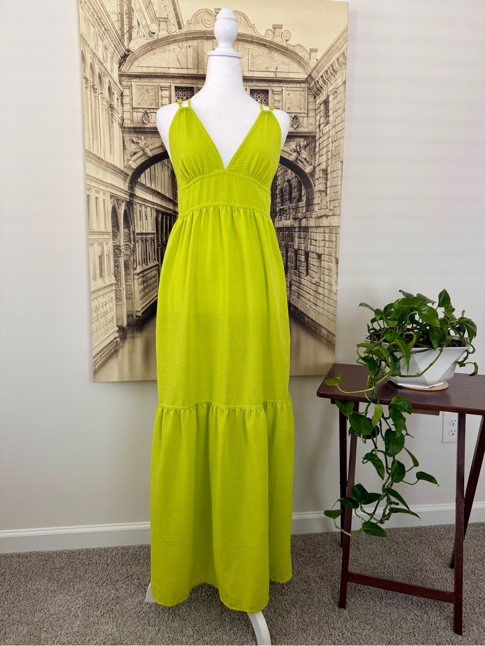 Preloved Boho Lime Green Deep V-Neck Tiered Empire Waist Maxi Dress